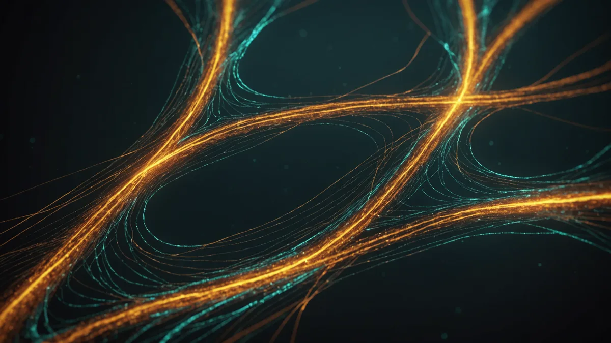 Abstract visualization of customer communication signals: support tickets, email threads, and call notes converging into analysis